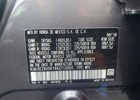 2019 Honda Hr-V Sport from USA, damaged, VIN 3CZRU5H18KG712660